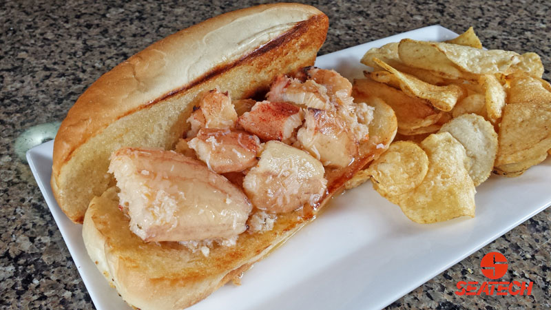 A photograph of a butter poached crab roll with potato chips on a plate.
