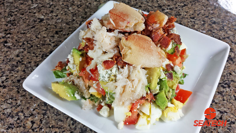 A photograph of a Chilean crab COBB salad with crab, bacon, tomatoes, avocado, diced egg, blue cheese and lettuce.